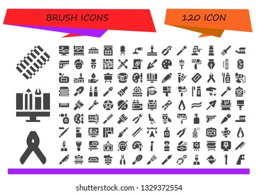 Brush Icon Set. 120 Filled Brush Icons.  Simple Modern Icons About  - Hair Curler, Pliers, Graphic Design, Photoshop, Brush, Eye Shadow, Canvas, Paint Tube, Glass Cleaner, Makeup