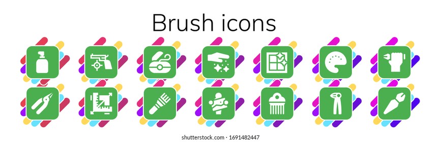 conjunto de iconos de pincel. 14 iconos de pincel rellenos.  Iconos modernos sencillos, como: Jabón, Pollos, Arma, Diseño, Pelo dental, Cepillo, Polvo, Artista, Ventana limpia, Comb, Paleta, Pluma