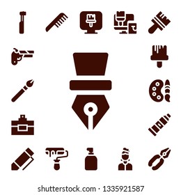 brush icon set. 17 filled brush icons.  Collection Of - Electric toothbrush, Gun, Makeup, Pen, Perfume, Paint brush, Paint palette, Paint tube, Comb, Roller, Soap, roller