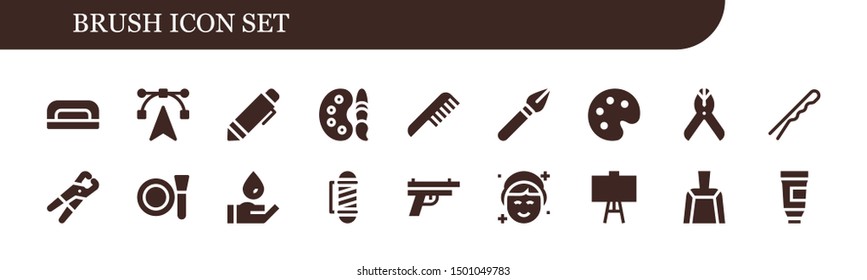 brush icon set. 18 filled brush icons.  Collection Of - Nail dryer, Edit tools, Pen, Paint palette, Comb, Palette, Pliers, Hairpin, Make up, Wash, Barber, Gun, Makeup, Canvas