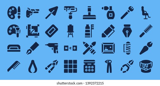 brush icon set. 32 filled brush icons. on blue background style Simple modern icons about  - Palette, Color palette, Nail dryer, Comb, Gun, Design, Pen, Pliers, Trowel, Soap, Caulk gun