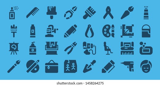 brush icon set. 32 filled brush icons. on blue background style Simple modern icons about  - Spray paint, Painting brush, Canvas, Makeup, Comb, Toothpaste, Soap, Palette, Paint