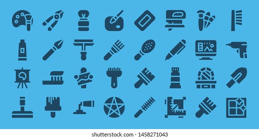 conjunto de iconos de pincel. 32 iconos de pincel rellenos. sobre el fondo azul Colección de - Paleta de color, Pasta dentífrica, tela, Limpiador de vidrio, Plier, Pluma, cepillo de dientes, Pincel de pintura, Enjuiciamiento