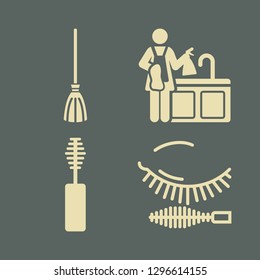 brush icon set with cleaner woman, mascara and broom vector illustration