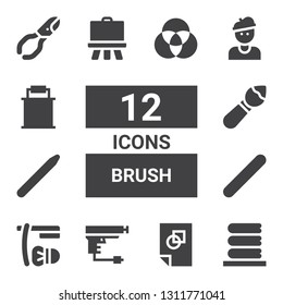 brush icon set. Collection of 12 filled brush icons included Washing, Graphic design, Gun, Shave, Nail file, Nail brush, Easel, Artist, Paint bucket, Nail clippers, Palette