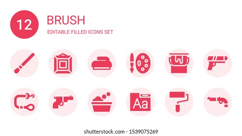 brush icon set. Collection of 12 filled brush icons included Brush, Painting, Painting palette, Paint bucket, Leash, Gun, Washing, Font, Paint roller