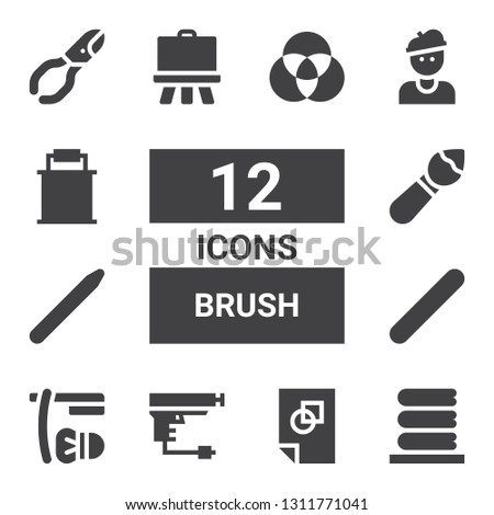 brush icon set. Collection of 12 filled brush icons included Washing, Graphic design, Gun, Shave, Nail file, Nail brush, Easel, Artist, Paint bucket, Nail clippers, Palette