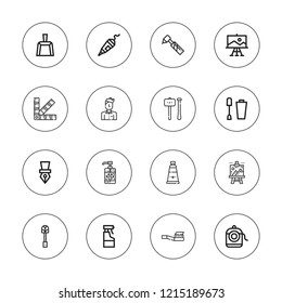 Brush icon set. collection of 16 outline brush icons with artist, carpet beater, color palette, canvas, dental drill, dental floss, dustpan, glass cleaner, nail polish icons.