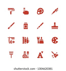 brush icon set. Collection of 16 filled brush icons included Clean, Font, Nail polish, Paint brush, Palette, Dustpan, Design tool, Shave, Broom, Pen, Paint can, Wash, Paint roller