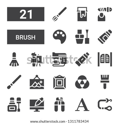 brush icon set. Collection of 21 filled brush icons included Leash, Font, Nail clippers, Graphic design, Nail polish, Brush, Palette, Painting, Art, Saloon, Toothpaste, Gun, Easel