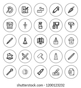Brush icon set. collection of 25 outline brush icons with artist, brightness, color palette, construction, glass cleaner, makeup, graphic design icons. editable icons.