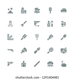 brush icon set. Collection of 25 filled brush icons included Wash, Shower cap, Nail brush, Dustpan, Gun, Graphic design, Comb, Paint, Paint Hair straightener, Palette