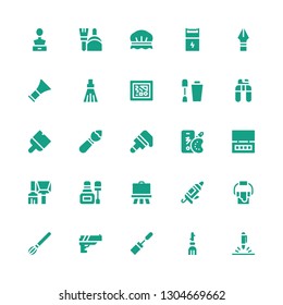 brush icon set. Collection of 25 filled brush icons included Pen, Broom, Mascara, Gun, Paint brush, Paint bucket, Caulk gun, Easel, Nail polish, Eye shadow, Color palette
