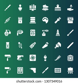 brush icon set. Collection of 36 filled brush icons included Easel, Eyeshadow, Pallete knife, Caulk gun, Art, Paint roller, Painting, Paint tube, Pen, Photoshop elements, Gun