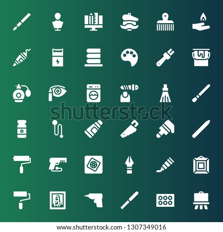 brush icon set. Collection of 36 filled brush icons included Easel, Eyeshadow, Pallete knife, Caulk gun, Art, Paint roller, Painting, Paint tube, Pen, Photoshop elements, Gun