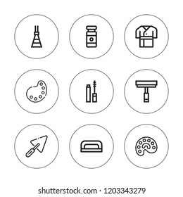 Brush icon set. collection of 9 outline brush icons with broom, construction, mascara, glass cleaner, palette, nail dryer, paint palette, paint tube icons. editable icons.