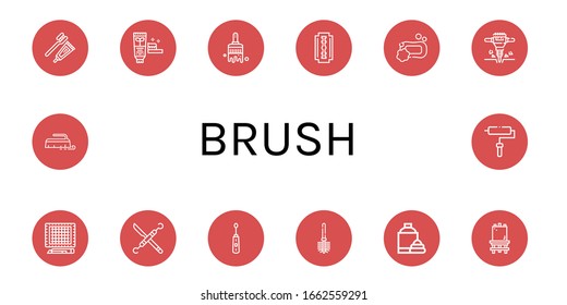 brush icon set. Collection of Toothbrush, Toothpaste, Paint brush, Shaving razor, Soap, Jackhammer, Cutting mat, Dentist tools, Electric toothbrush, Toilet brush, Shaving cream icons
