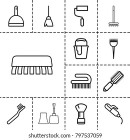 Brush icons. set of 13 editable outline brush icons such as barber brush, hair curler, broom, dustpan, roller, paint bucket
