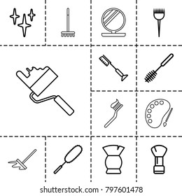 Brush icons. set of 13 editable outline brush icons such as barber brush, clean, powder, mop, broom, roller