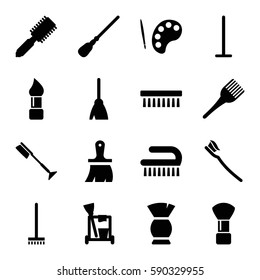 brush icons set. Set of 16 brush filled icons such as hair brush, cleaning tools, broom, mop