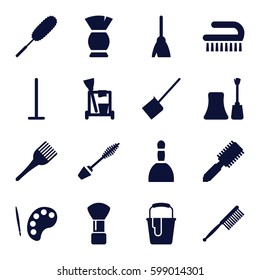 brush icons set. Set of 16 brush filled icons such as hair brush, spa bag, mascara, nail polish, cleaning tools, broom, mop, dustpan, paint bucket