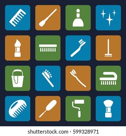 brush icons set. Set of 16 brush filled icons such as comb, shaving brush, spa bag, broom, mop, clean, roller