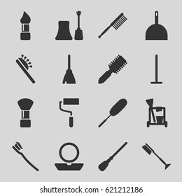 Brush icons set. set of 16 brush filled icons such as hair brush, powder, nail polish, cleaning tools, broom, mop, dustpan