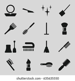 Brush icons set. set of 16 brush filled icons such as hair brush, powder, nail polish, broom, mop, dustpan