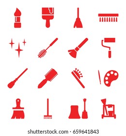 Brush icons set. set of 16 brush filled icons such as nail polish, cleaning tools, broom, mop, clean, roller