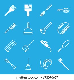 Brush icons set. set of 16 brush filled and outline icons such as coloring brush, hair curler, comb, broom, dustpan