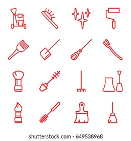 Brush icons set. set of 16 brush outline icons such as mascara, nail polish, cleaning tools, broom, dustpan, mop, clean