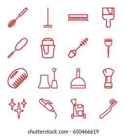 Brush icons set. set of 16 brush outline icons such as comb, barber brush, mascara, nail polish, hair curler, cleaning tools, dustpan, broom, clean