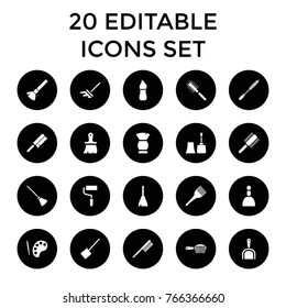 Brush icons. set of 20 editable filled brush icons such as shaving brush, spa bag, broom, dustpan, roller, palette, mascara, nail polish