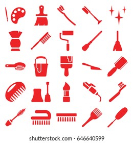 Brush icons set. set of 25 brush filled icons such as comb, hair brush, mascara, nail polish, hair curler, broom, dustpan, mop, clean, roller, paint bucket
