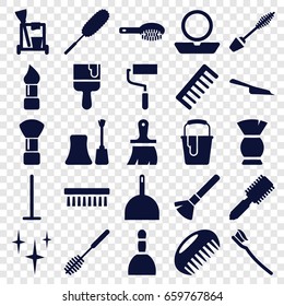 Brush icons set. set of 25 brush filled icons such as comb, spa bag, powder, mascara, nail polish, cleaning tools, mop, dustpan, clean, roller