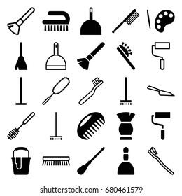 Brush icons set. set of 25 brush filled and outline icons such as comb, shaving brush, spa bag, broom, mop, dustpan, roller, paint bucket