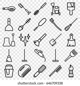 Brush icons set. set of 25 brush outline icons such as comb, hair brush, spa bag, mascara, nail polish, hair curler, cleaning tools, broom, mop, dustpan, clean