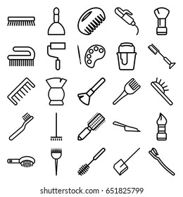 Brush icons set. set of 25 brush outline icons such as comb, barber brush, spa bag, hair curler, dustpan, broom, roller, paint bucket