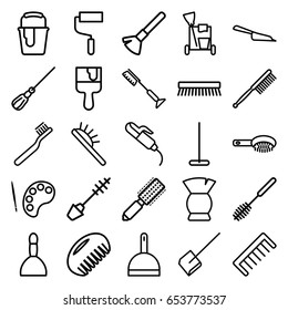 Brush icons set. set of 25 brush outline icons such as comb, hair brush, spa bag, mascara, hair curler, cleaning tools, mop, dustpan, roller, paint bucket