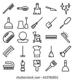 Brush icons set. set of 25 brush outline icons such as comb, hair brush, spa bag, powder, nail polish, cleaning tools, broom, dustpan, mop