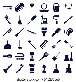 Brush icons set. set of 36 brush filled icons such as comb, barber brush, spa bag, powder, mascara, nail polish, cleaning tools, broom, dustpan, mop, clean, roller