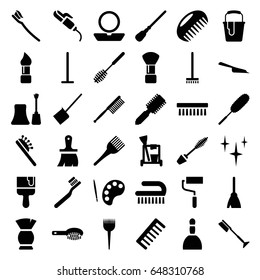 Brush icons set. set of 36 brush filled icons such as comb, barber brush, spa bag, powder, mascara, nail polish, hair curler, cleaning tools, broom, mop, dustpan, clean