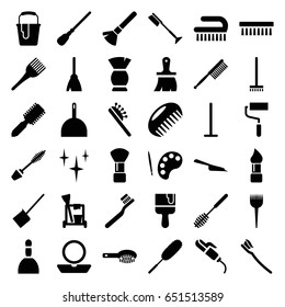 Brush icons set. set of 36 brush filled icons such as comb, barber brush, spa bag, powder, mascara, hair curler, cleaning tools, broom, mop, dustpan, clean, roller