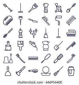Brush icons set. set of 36 brush outline icons such as comb, barber brush, spa bag, powder, mascara, nail polish, hair curler, cleaning tools, broom, mop, dustpan, clean