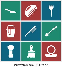 Brush icons set. set of 9 brush filled icons such as comb, barber brush, powder, mascara, dustpan