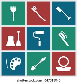 Brush icons set. set of 9 brush filled icons such as barber brush, powder, mascara, nail polish, roller