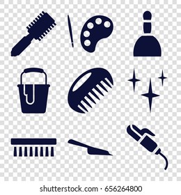 Brush icons set. set of 9 brush filled icons such as comb, spa bag, hair curler, dustpan, clean, paint bucket