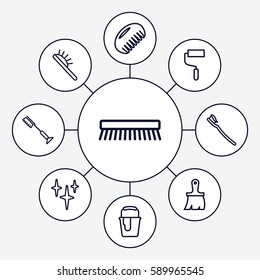 brush icons set. Set of 9 brush outline icons such as comb, hair brush, clean, roller