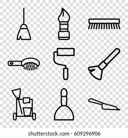 Brush icons set. set of 9 brush outline icons such as spa bag, cleaning tools, broom, dustpan
