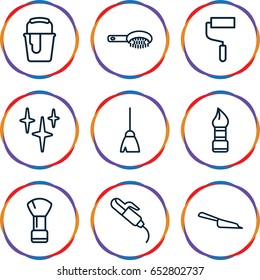 Brush icons set. set of 9 brush outline icons such as hair curler, broom, dustpan, clean, roller